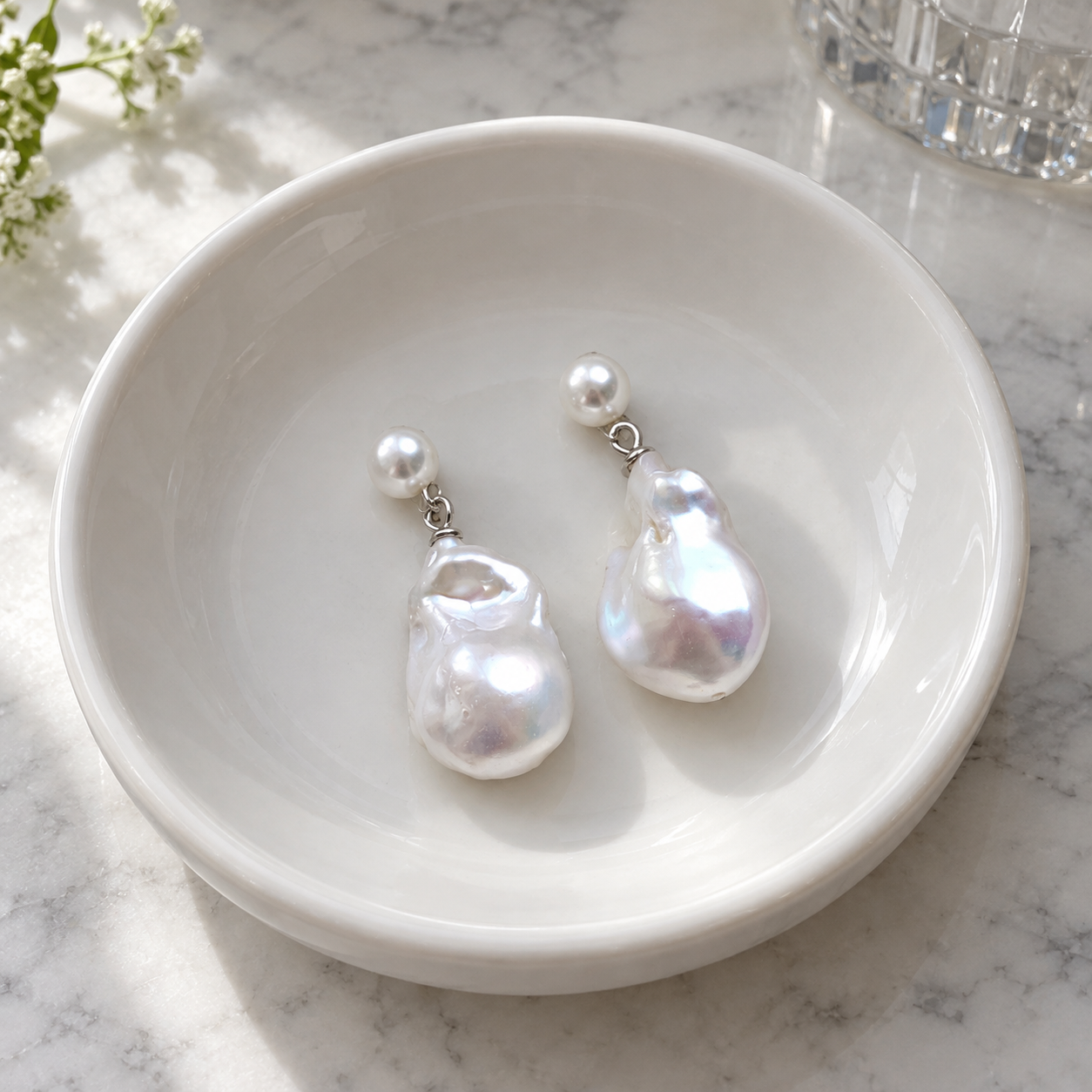Beatrice Pearl Drops resting in a white ceramic basin; basin not included