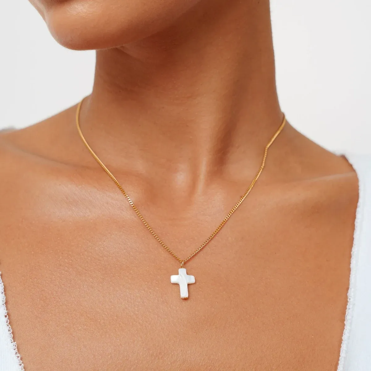 Mother of Pearl Cross Necklace Gold - lead view