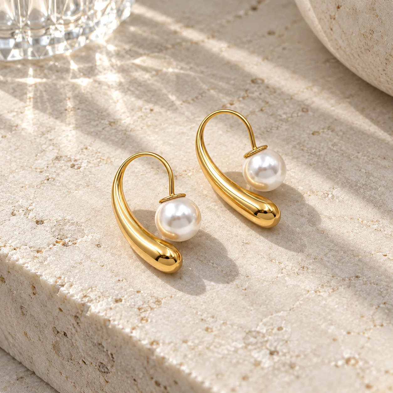 Gold waterdrop shape imitation-pearl earrings: alternate view