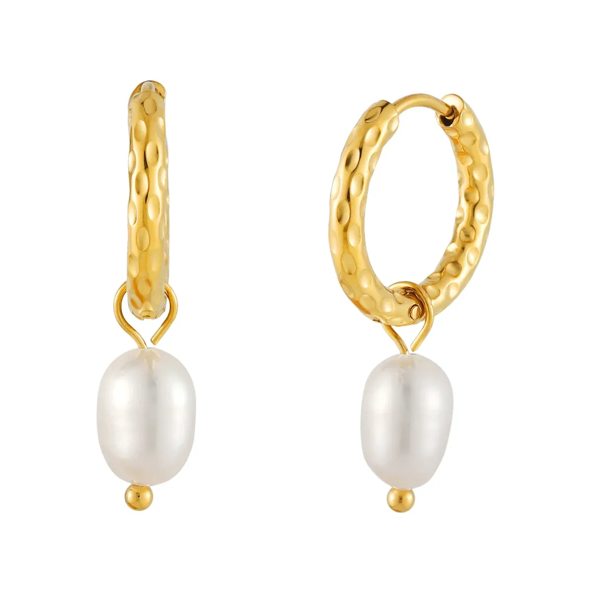 Hammered Pearl Hoop Earrings Gold - detail view