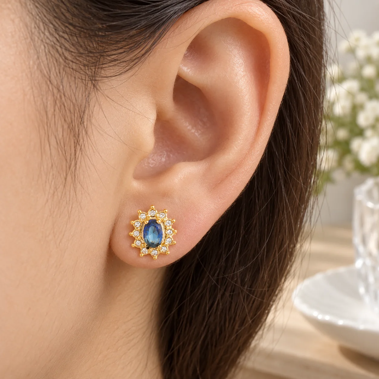 Blue oval stone sunflower stud earrings: use view; other styling items not included