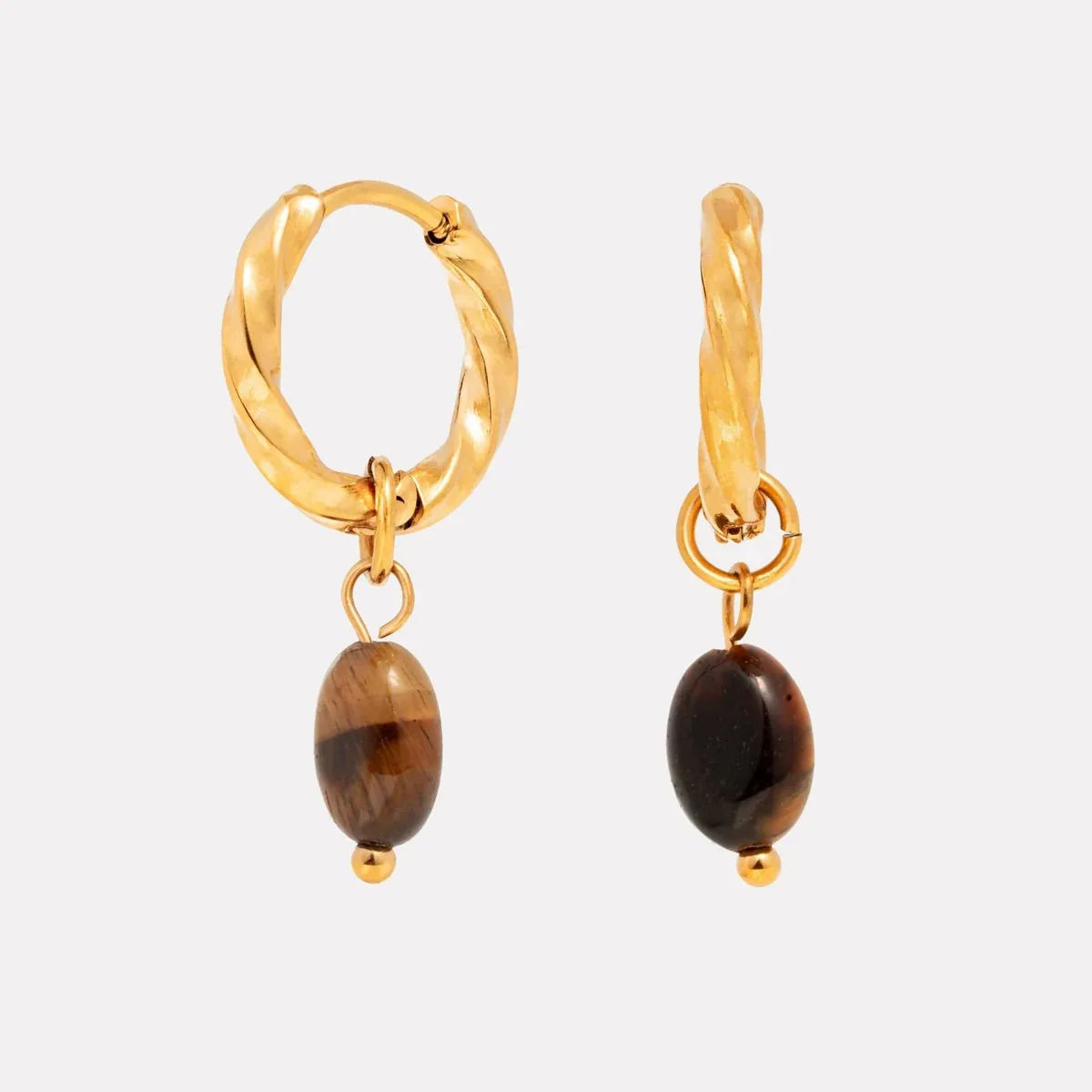 Tiger Eye Hoops Earrings Gold - detail view