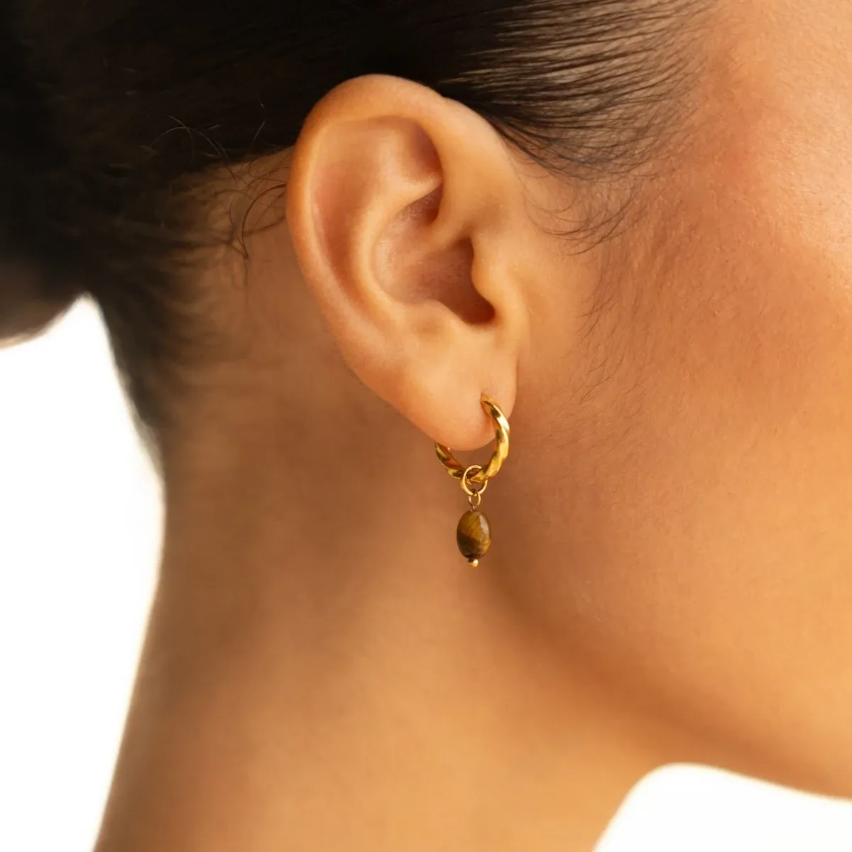 Tiger Eye Hoops Earrings Gold - use view
