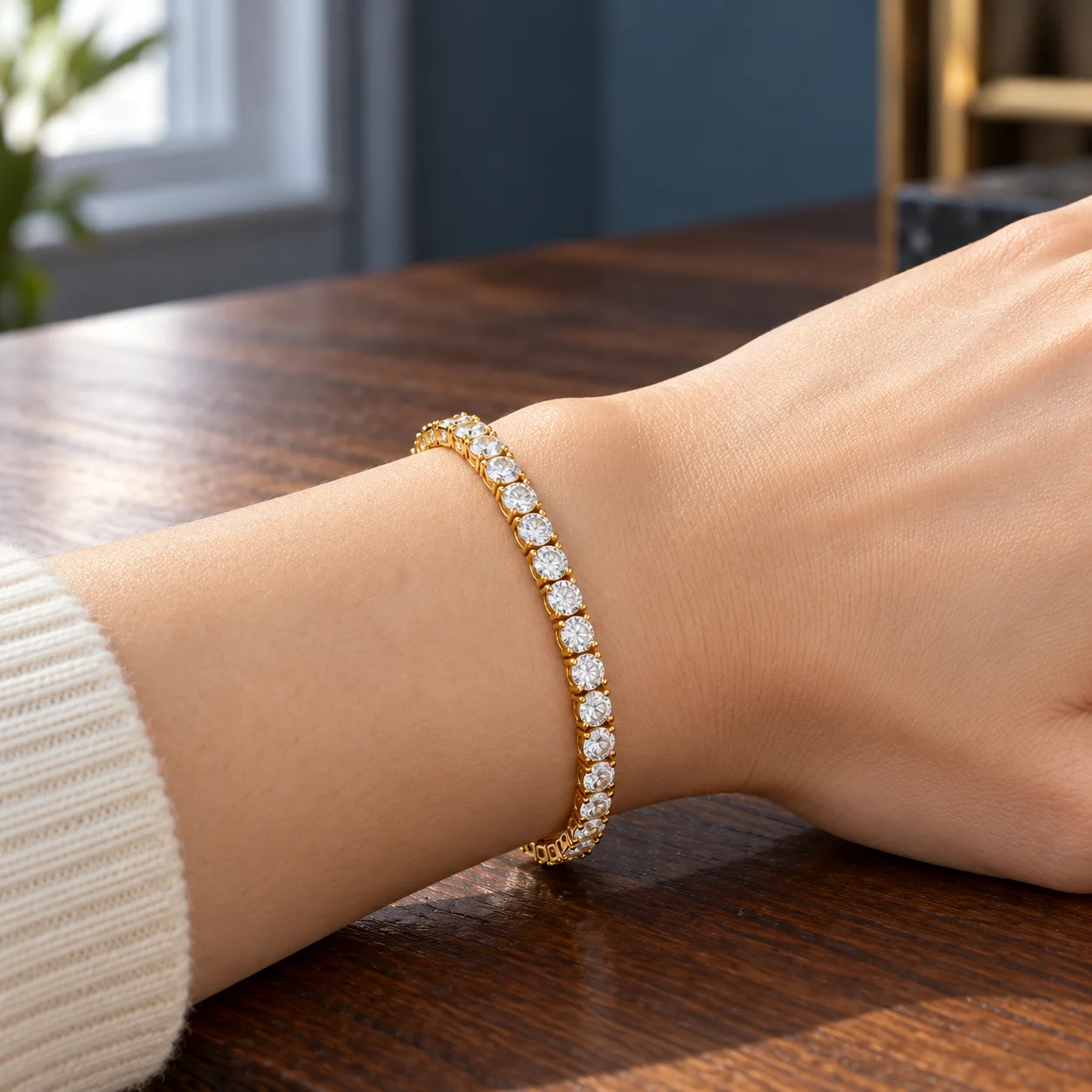 Silver Moissanite Tennis in Gold: in use; styling props not included