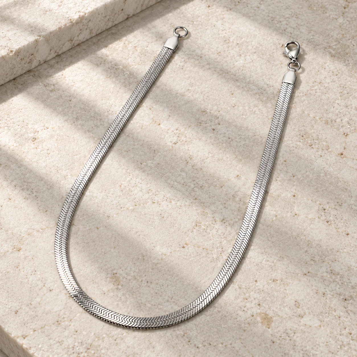 Flat herringbone stainless steel necklace: alternate view