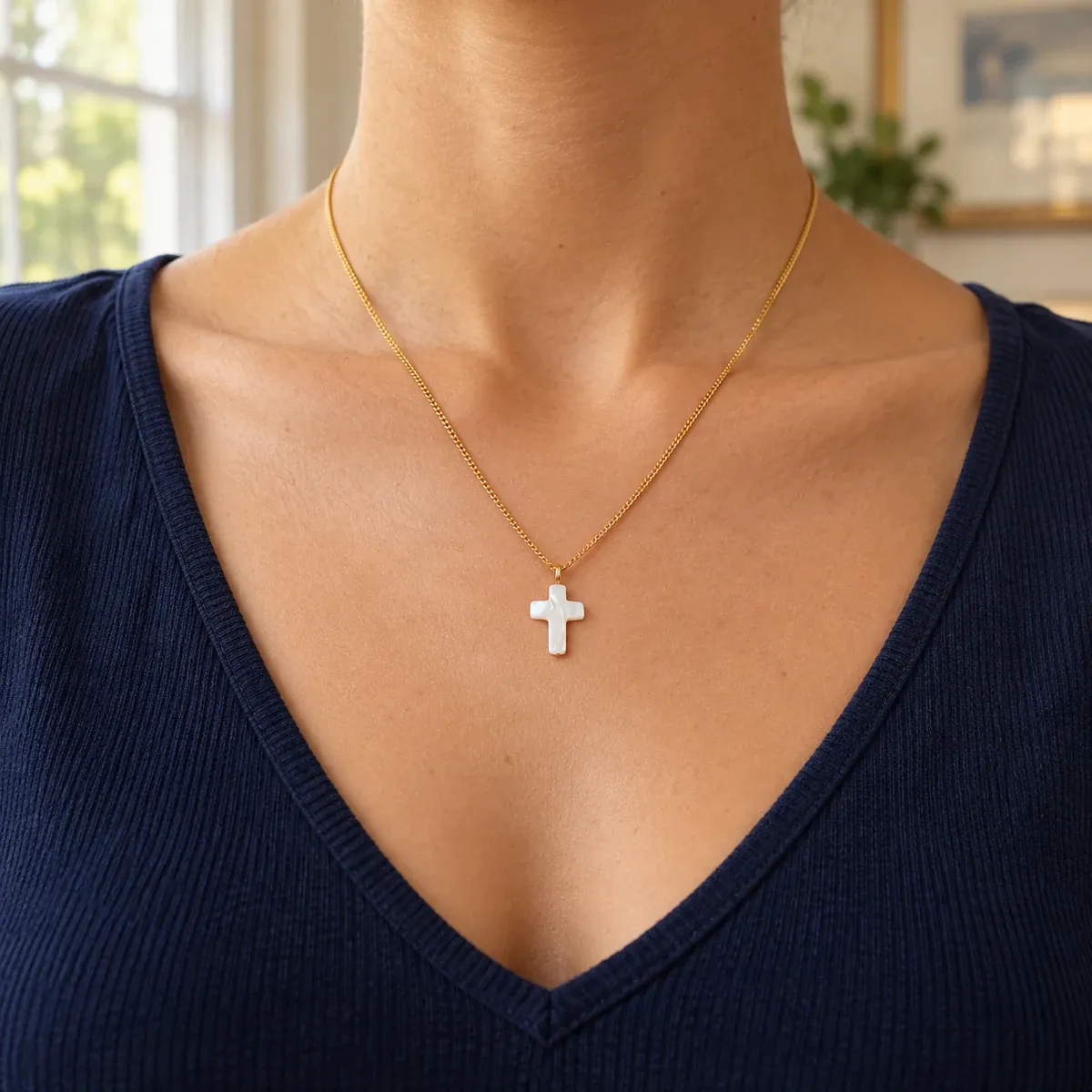 Mother of Pearl Cross Necklace Gold - use view