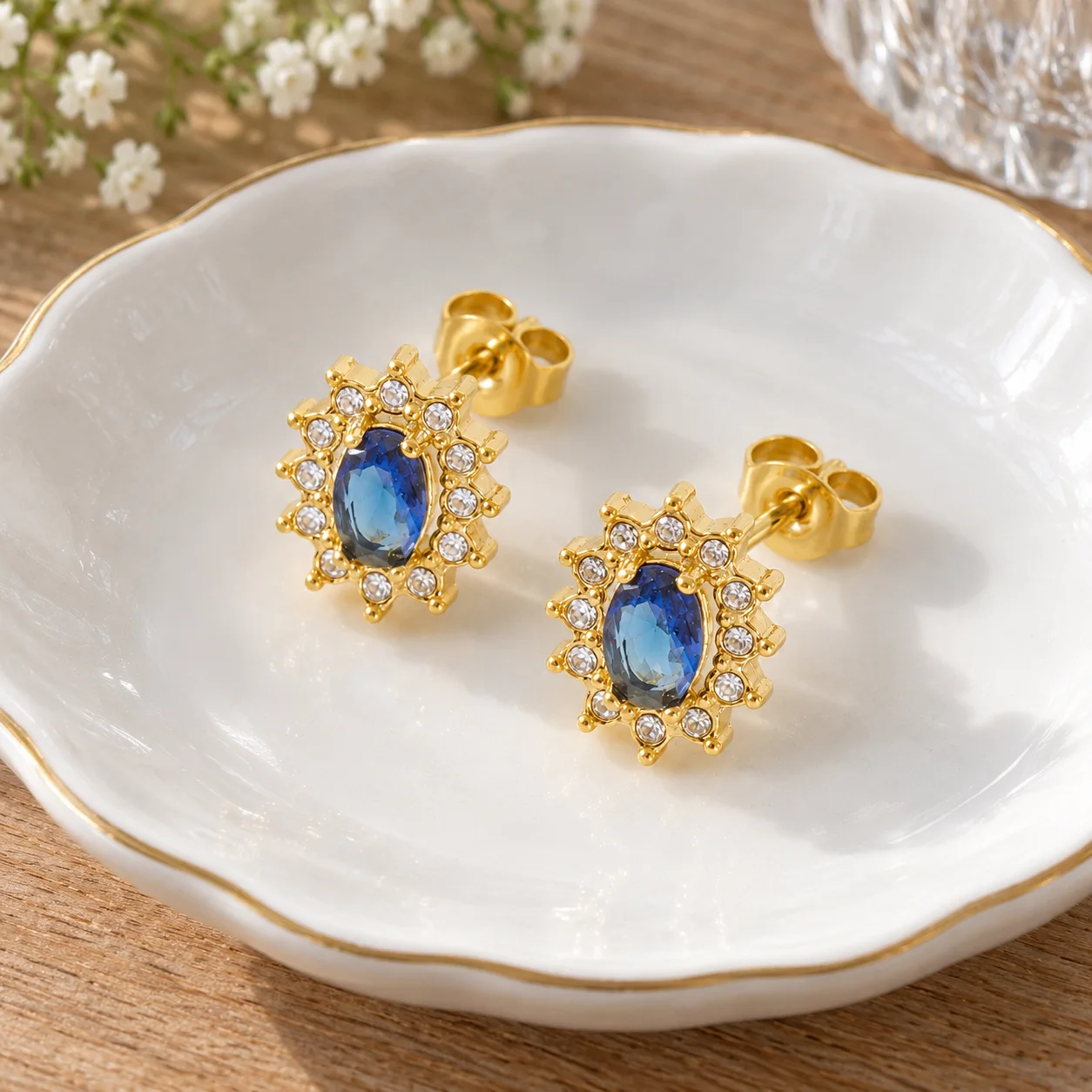 Blue oval stone sunflower stud earrings: alternate view; other styling items not included