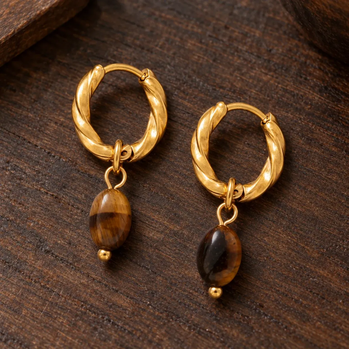 Tiger Eye Hoops Earrings Gold - alternate view