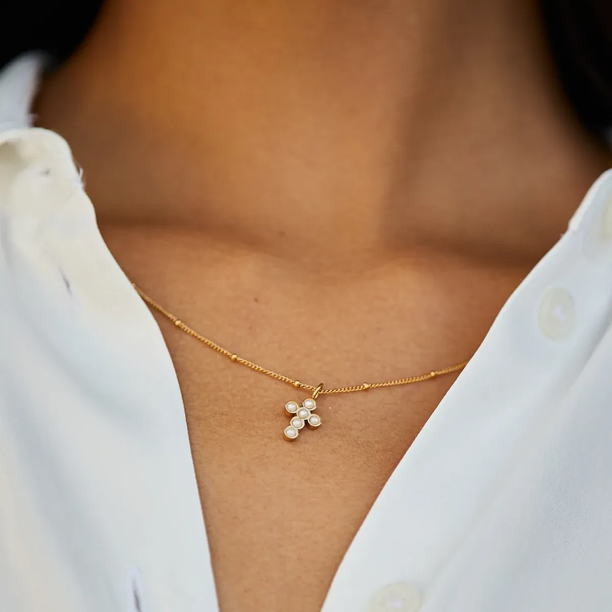 Pearl Cross Necklace Gold - lead view