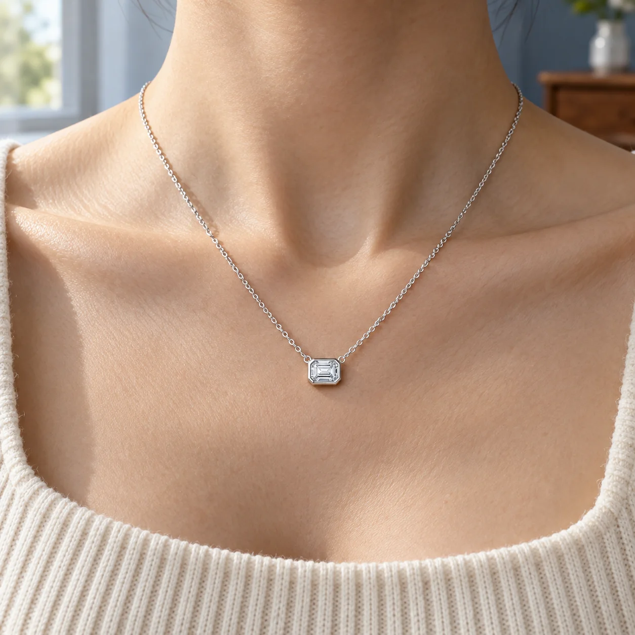 Bezel Moissanite Pendant in White gold: in use; styling props not included