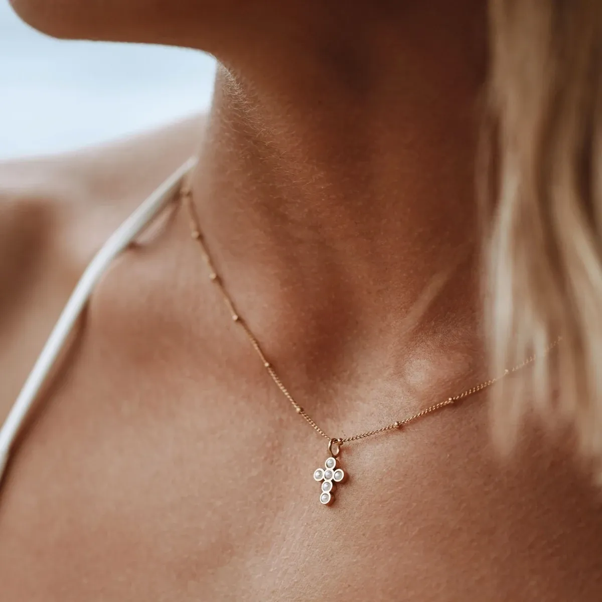 Pearl Cross Necklace Gold - alternate view