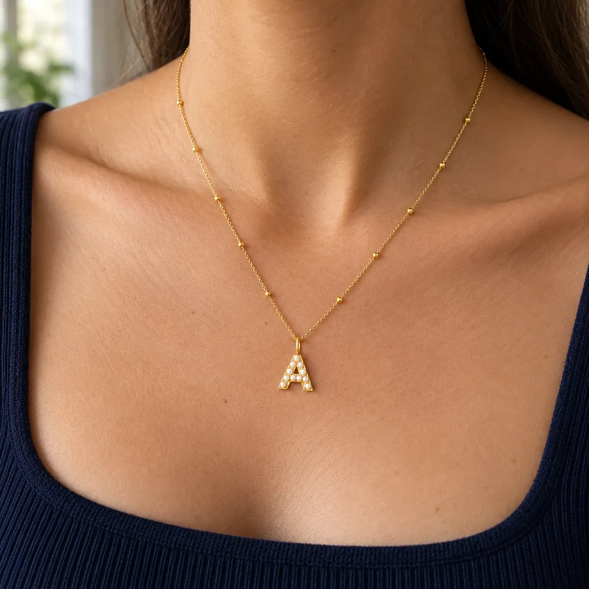 Pearl Initial Necklace Gold - use view