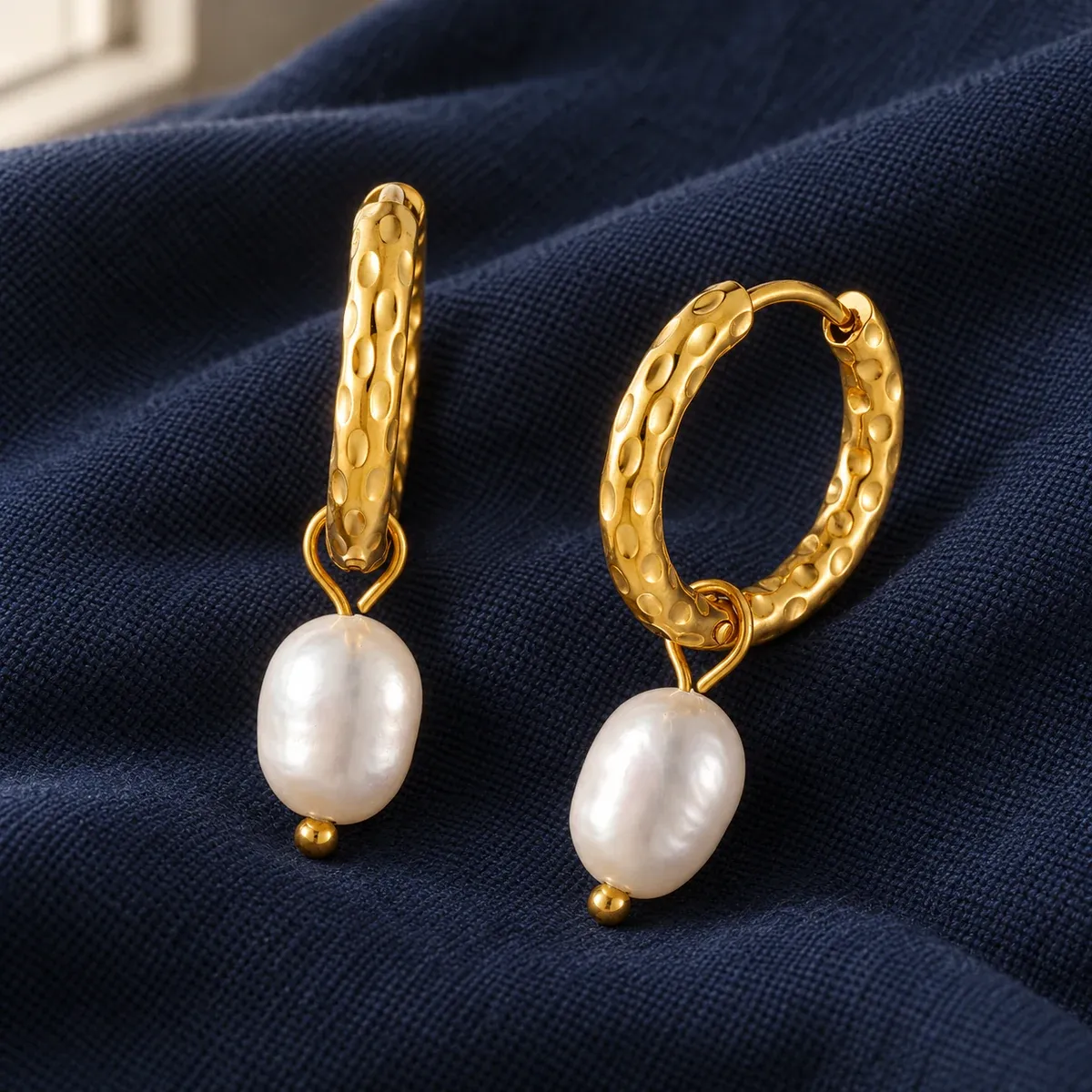 Hammered Pearl Hoop Earrings Gold - alternate view