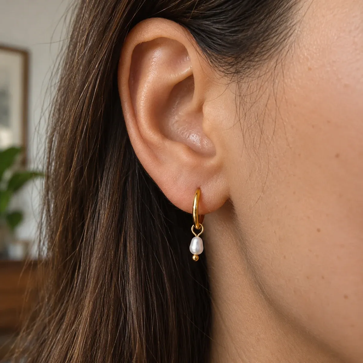 Pearl Huggie Hoops Gold - detail view